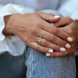 TEAL SAPPHIRE TRILOGY BOWERBIRD RING - CLIO SASKIA